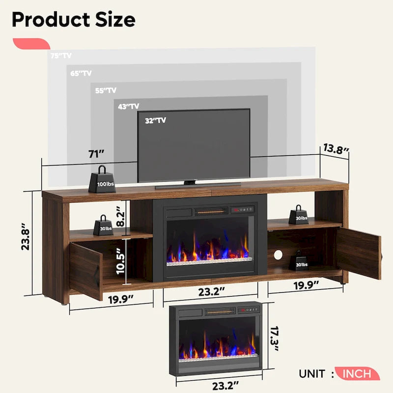 70-Zoll-TV-Ständer für 75-Zoll-Fernseher mit LED-Kaminbeleuchtung und Schrank – 71 Zoll