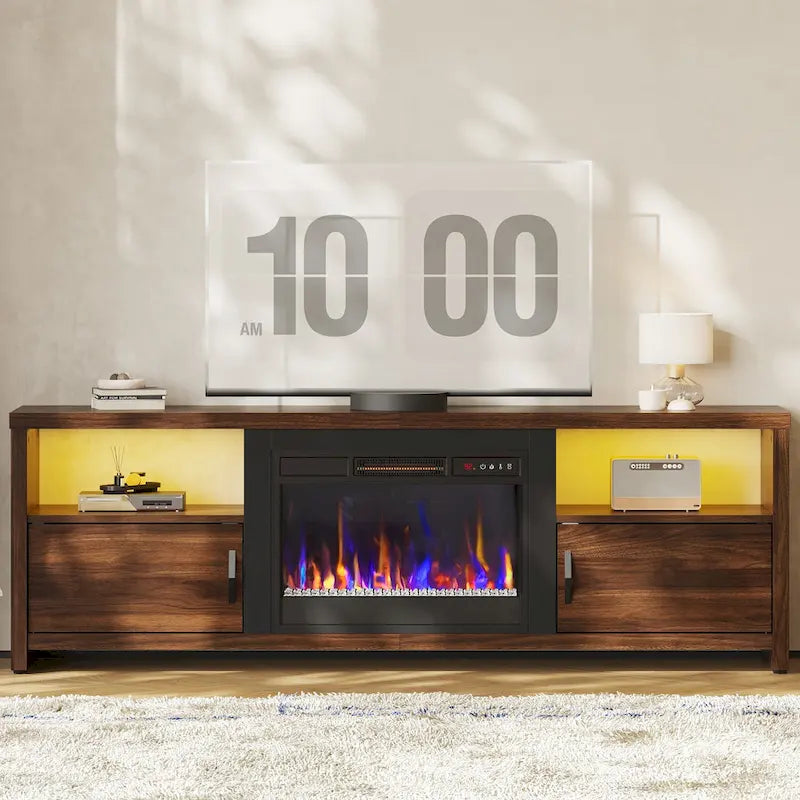70-Zoll-TV-Ständer für 75-Zoll-Fernseher mit LED-Kaminbeleuchtung und Schrank – 71 Zoll