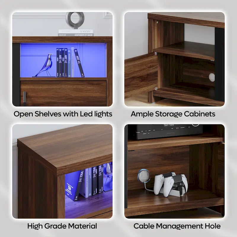70-Zoll-TV-Ständer für 75-Zoll-Fernseher mit LED-Kaminbeleuchtung und Schrank – 71 Zoll