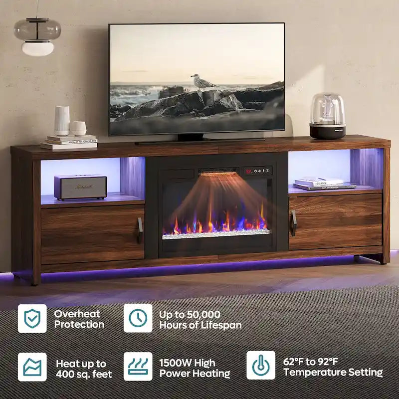 70-Zoll-TV-Ständer für 75-Zoll-Fernseher mit LED-Kaminbeleuchtung und Schrank – 71 Zoll
