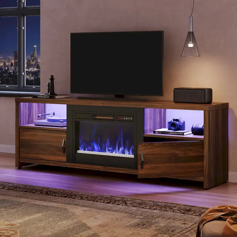 70-Zoll-TV-Ständer für 75-Zoll-Fernseher mit LED-Kaminbeleuchtung und Schrank – 71 Zoll