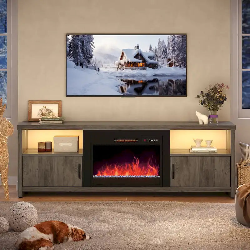 70-Zoll-TV-Ständer für 75-Zoll-Fernseher mit LED-Kaminbeleuchtung und Schrank – 71 Zoll