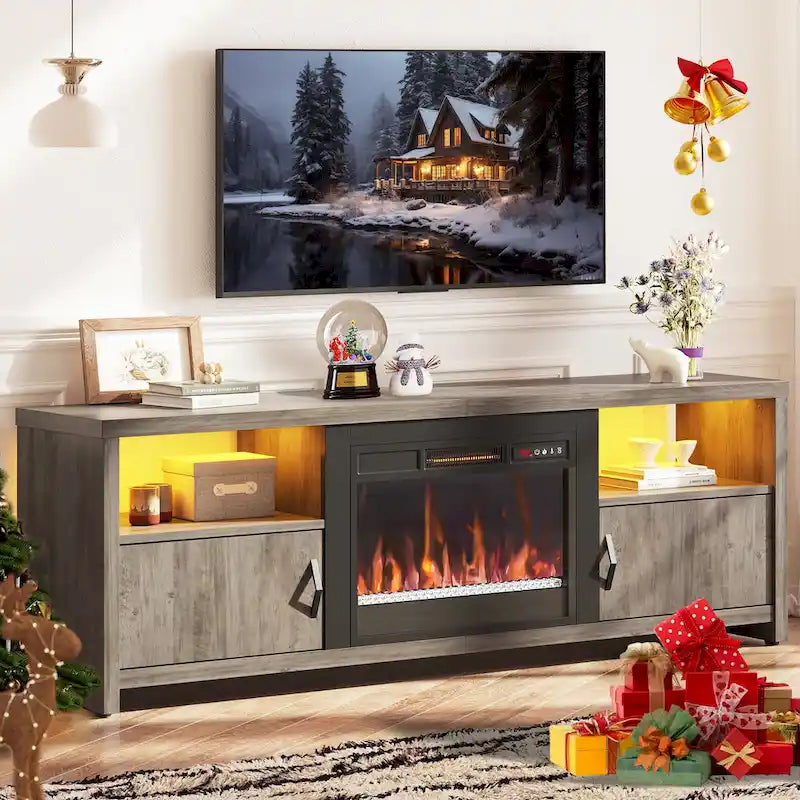 70-Zoll-TV-Ständer für 75-Zoll-Fernseher mit LED-Kaminbeleuchtung und Schrank – 71 Zoll