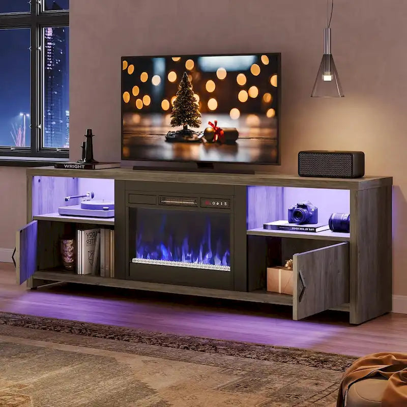 70-Zoll-TV-Ständer für 75-Zoll-Fernseher mit LED-Kaminbeleuchtung und Schrank – 71 Zoll