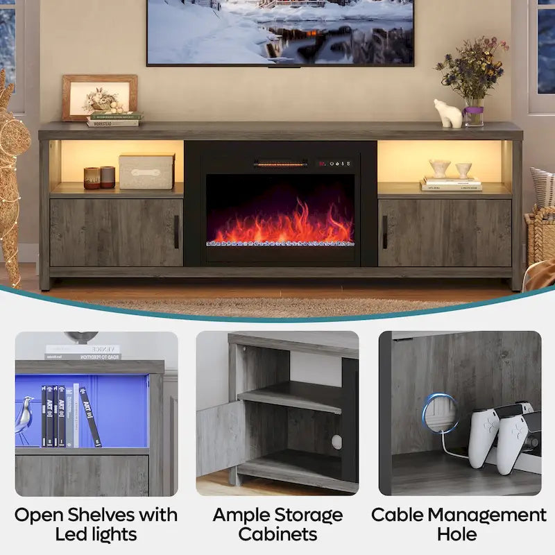 70-Zoll-TV-Ständer für 75-Zoll-Fernseher mit LED-Kaminbeleuchtung und Schrank – 71 Zoll