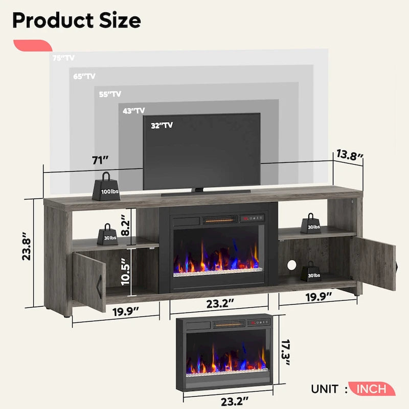 70-Zoll-TV-Ständer für 75-Zoll-Fernseher mit LED-Kaminbeleuchtung und Schrank – 71 Zoll