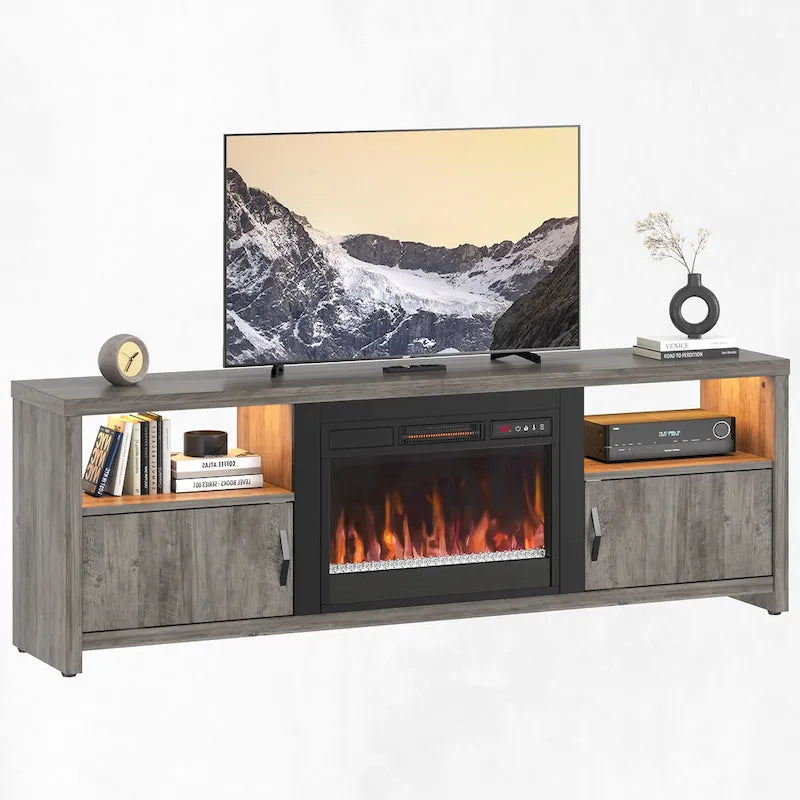 70-Zoll-TV-Ständer für 75-Zoll-Fernseher mit LED-Kaminbeleuchtung und Schrank – 71 Zoll