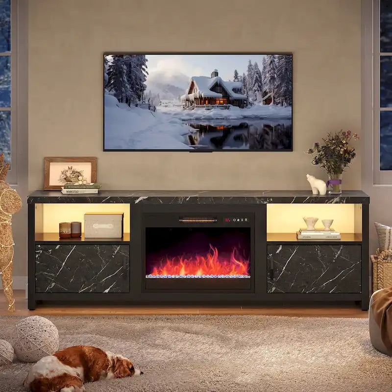 70-Zoll-TV-Ständer für 75-Zoll-Fernseher mit LED-Kaminbeleuchtung und Schrank – 71 Zoll