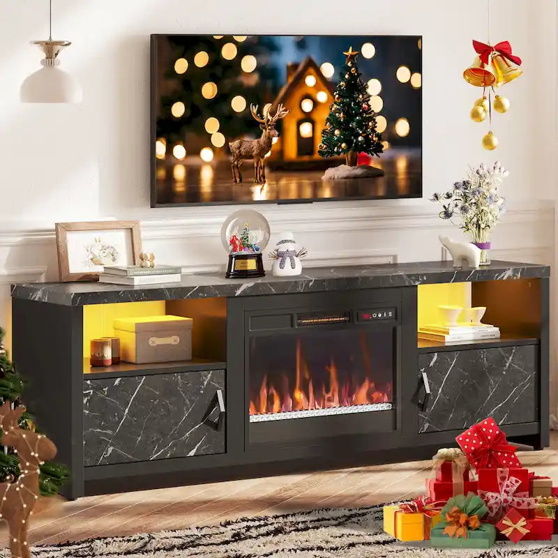 70-Zoll-TV-Ständer für 75-Zoll-Fernseher mit LED-Kaminbeleuchtung und Schrank – 71 Zoll