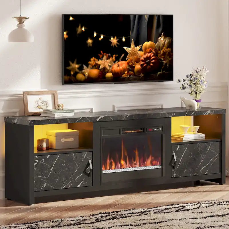 70-Zoll-TV-Ständer für 75-Zoll-Fernseher mit LED-Kaminbeleuchtung und Schrank – 71 Zoll