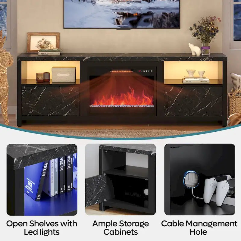 70-Zoll-TV-Ständer für 75-Zoll-Fernseher mit LED-Kaminbeleuchtung und Schrank – 71 Zoll