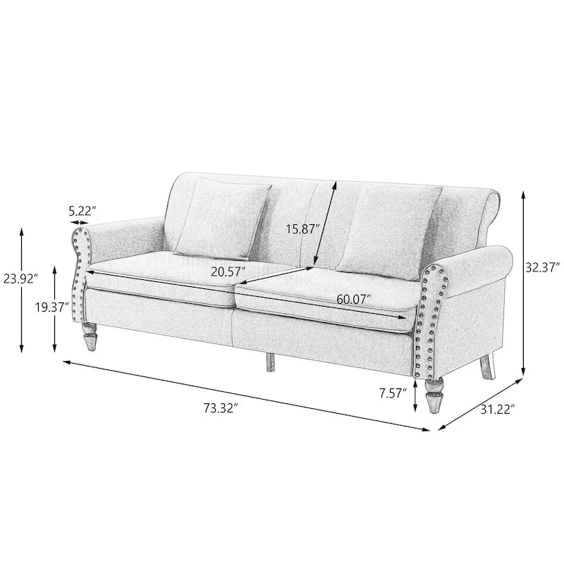 73 Nagelkopfbesatz-Sofa mit gerollten Armlehnen und Polster-Loveseat