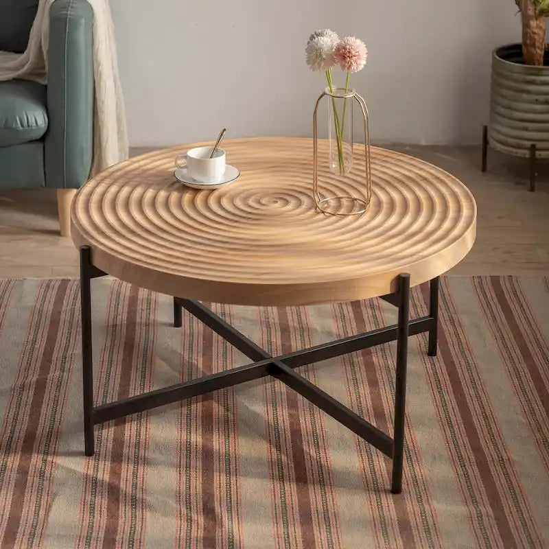 Modern Thread Design Round Coffee Table,with Cross Legs Metal Base