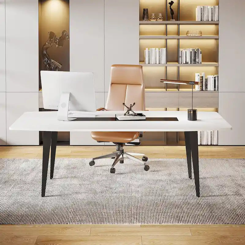 70,86" Weißer, bootsförmiger Bürotisch mit Metallbeinen