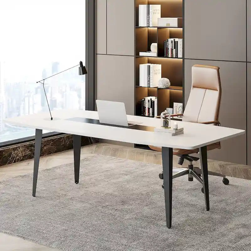 70,86" Weißer, bootsförmiger Bürotisch mit Metallbeinen