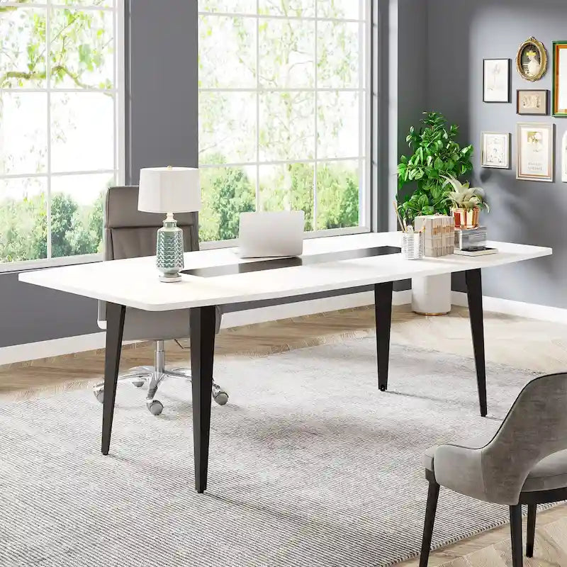 70,86" Weißer, bootsförmiger Bürotisch mit Metallbeinen