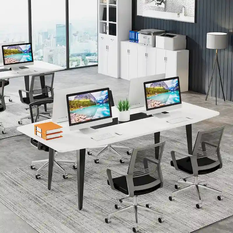 70,86" Weißer, bootsförmiger Bürotisch mit Metallbeinen