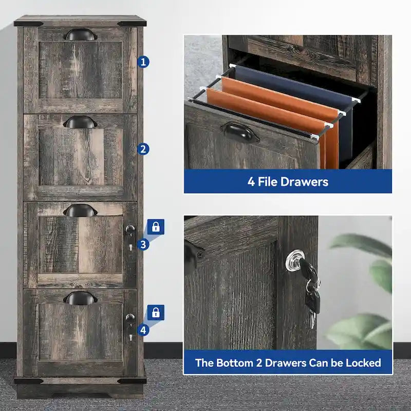 Rustikaler Aktenschrank aus Holz mit 4 Schubladen und Schloss