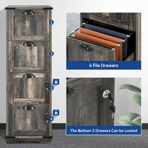 Rustikaler Aktenschrank aus Holz mit 4 Schubladen und Schloss