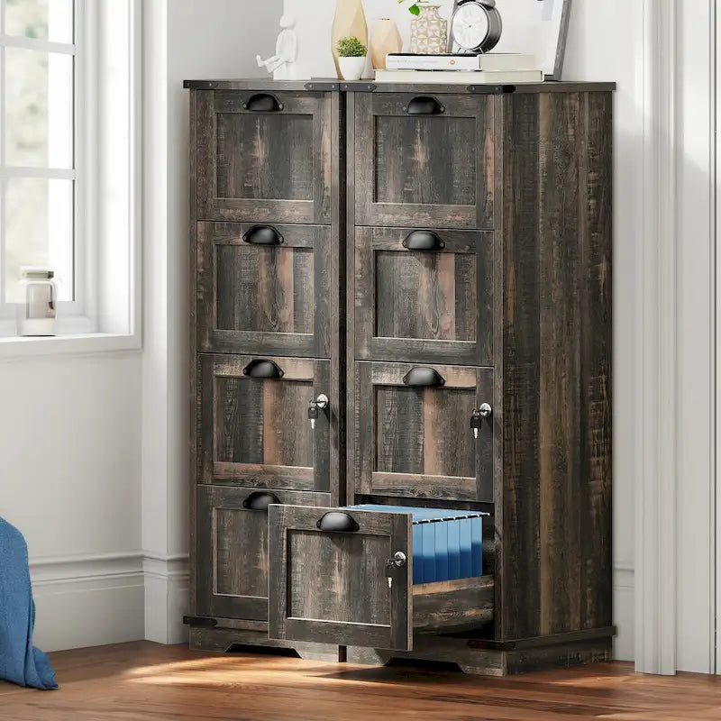 Rustikaler Aktenschrank aus Holz mit 4 Schubladen und Schloss