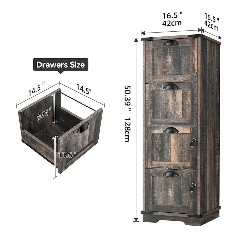 Rustikaler Aktenschrank aus Holz mit 4 Schubladen und Schloss