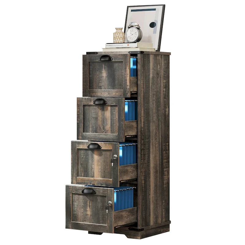 Rustikaler Aktenschrank aus Holz mit 4 Schubladen und Schloss