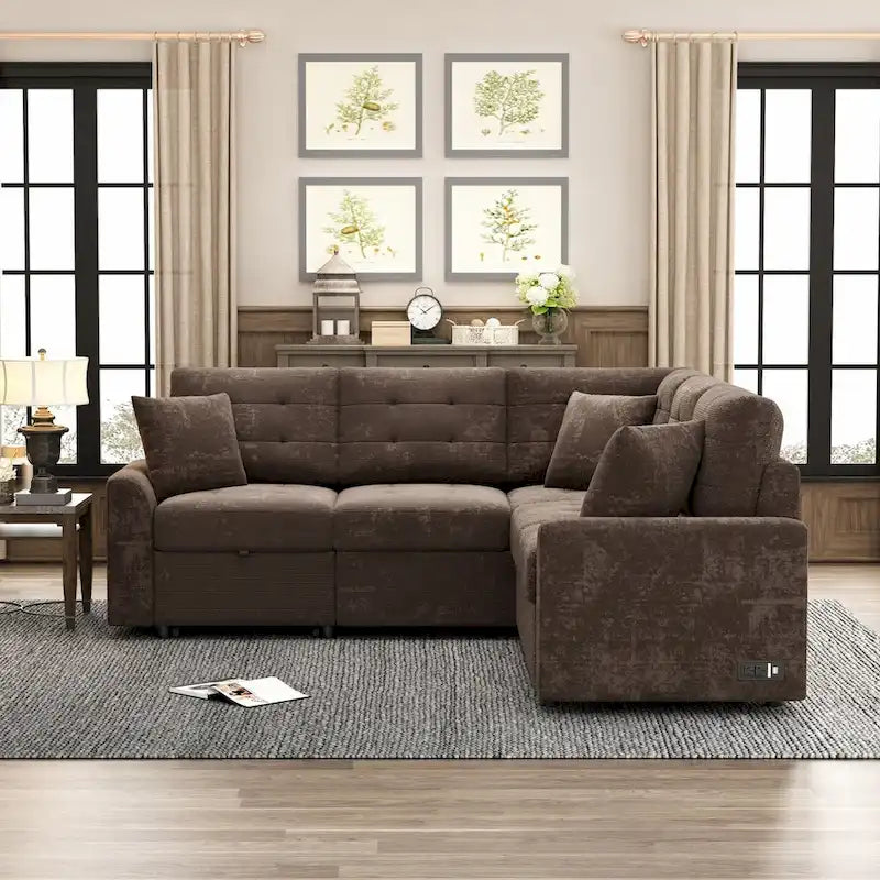 L-förmiges Auszieh-Schlafsofa mit Rollen, USB-Anschlüssen und Steckdosen