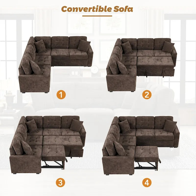 L-förmiges Auszieh-Schlafsofa mit Rollen, USB-Anschlüssen und Steckdosen