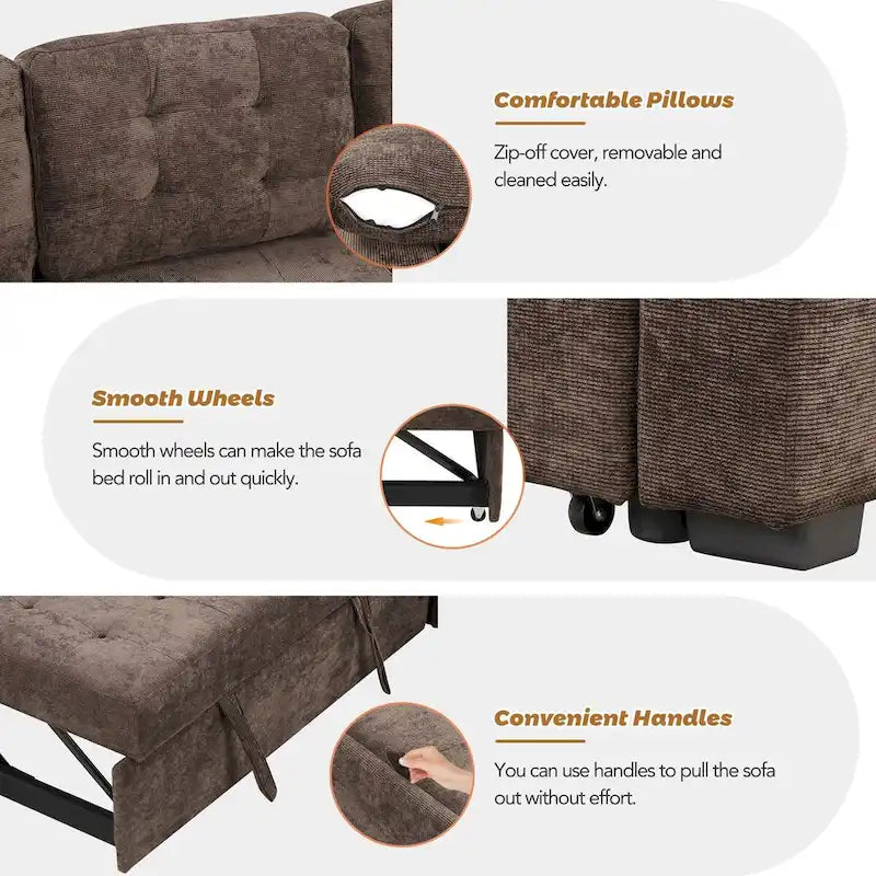 L-förmiges Auszieh-Schlafsofa mit Rollen, USB-Anschlüssen und Steckdosen