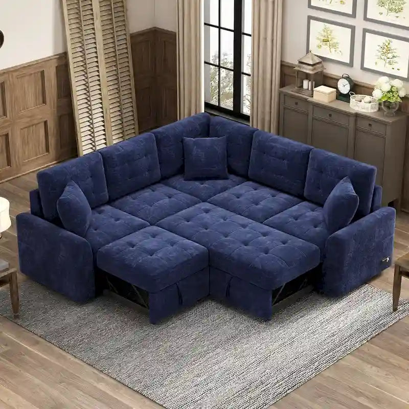 L-förmiges Auszieh-Schlafsofa mit Rollen, USB-Anschlüssen und Steckdosen