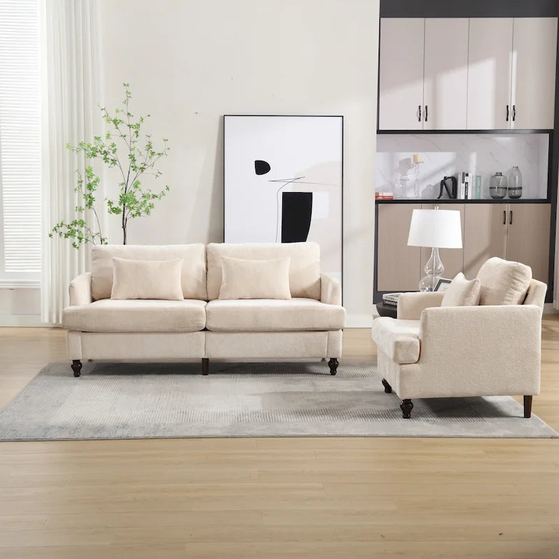 Chenille-Polster-Liebessitz mit Holzrahmen und Sessel für das Wohnzimmer