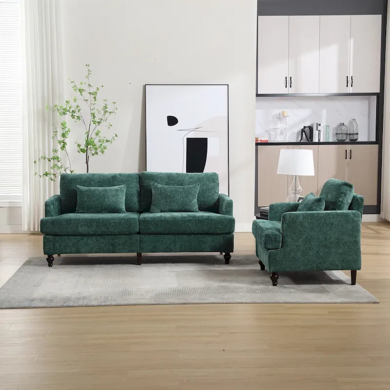 Chenille-Polster-Liebessitz mit Holzrahmen und Sessel für das Wohnzimmer