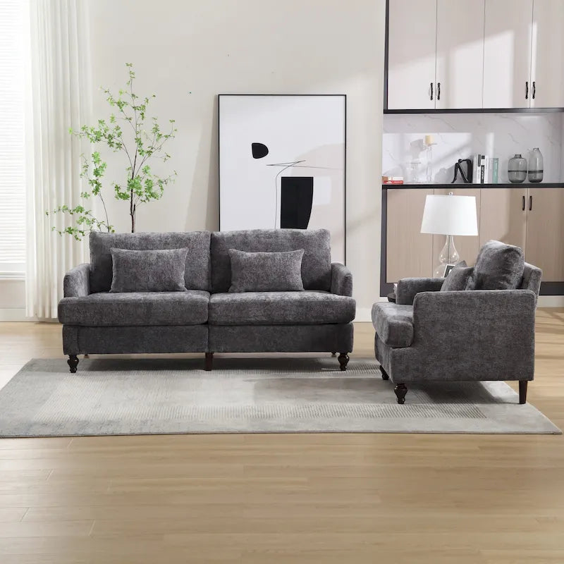 Chenille-Polster-Liebessitz mit Holzrahmen und Sessel für das Wohnzimmer