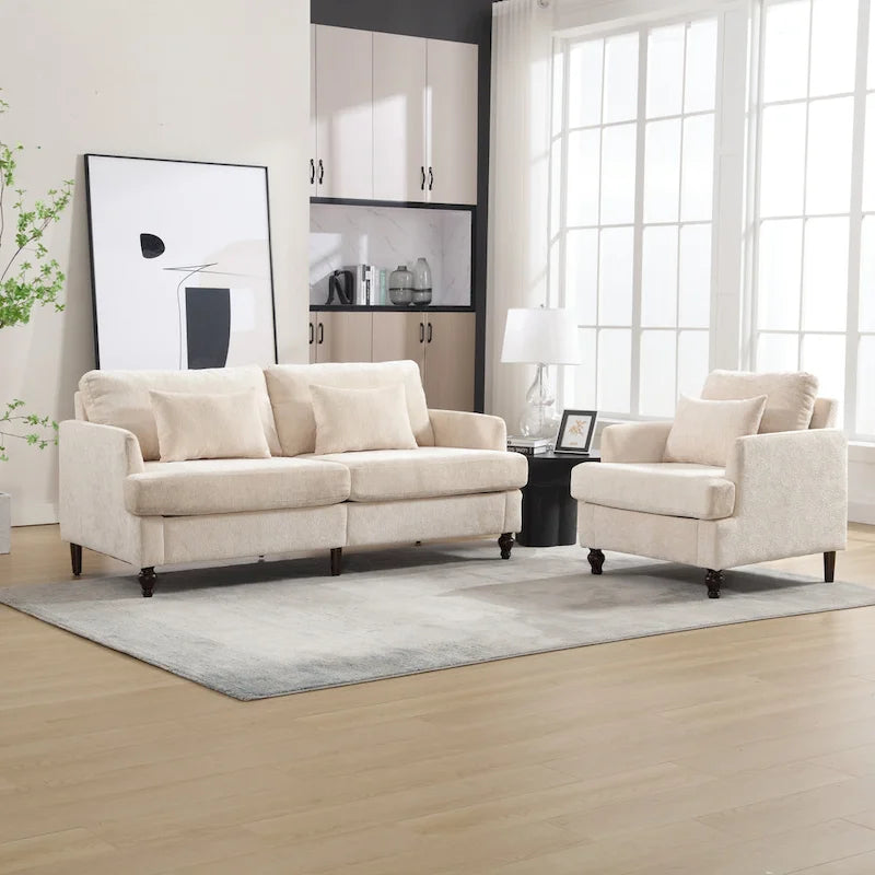HOMEFUN Chenille Upholstered Wood Frame Loveseat with Armchair for Living Room