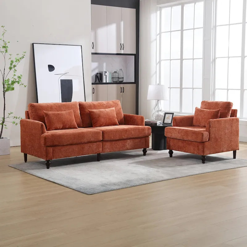 Chenille-Polster-Liebessitz mit Holzrahmen und Sessel für das Wohnzimmer