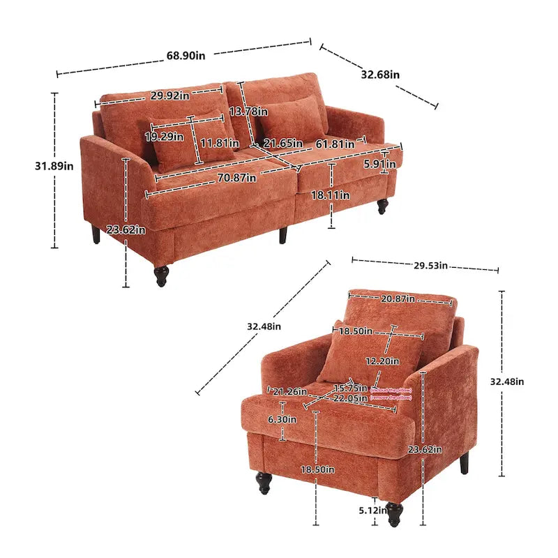 Chenille-Polster-Liebessitz mit Holzrahmen und Sessel für das Wohnzimmer