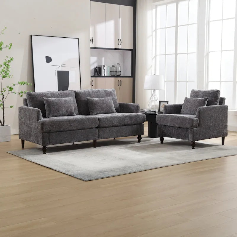 Chenille-Polster-Liebessitz mit Holzrahmen und Sessel für das Wohnzimmer