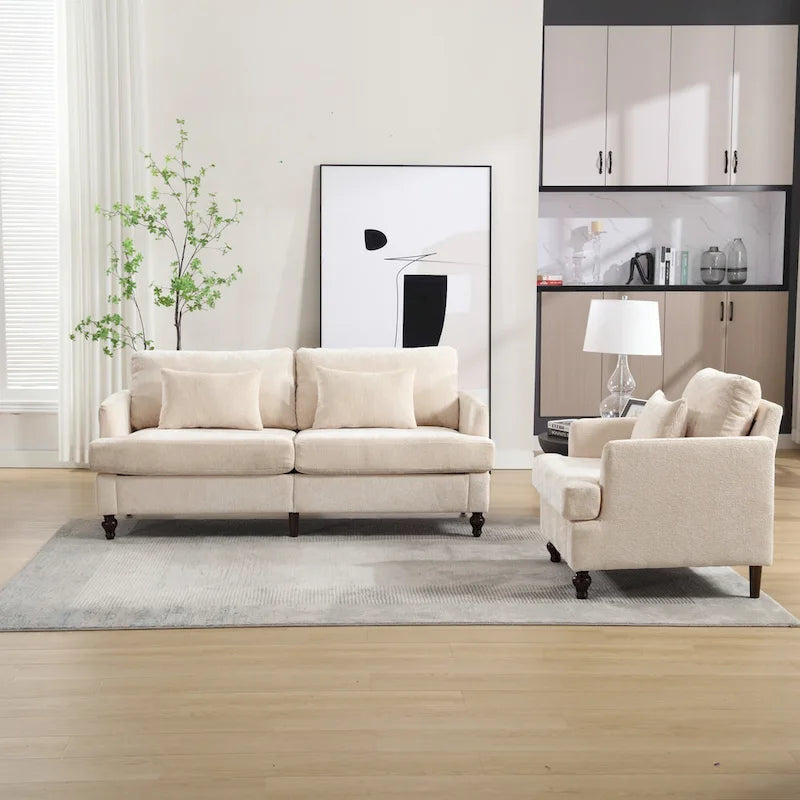 Chenille-Polster-Liebessitz mit Holzrahmen und Sessel für das Wohnzimmer