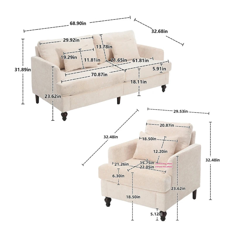 Chenille-Polster-Liebessitz mit Holzrahmen und Sessel für das Wohnzimmer