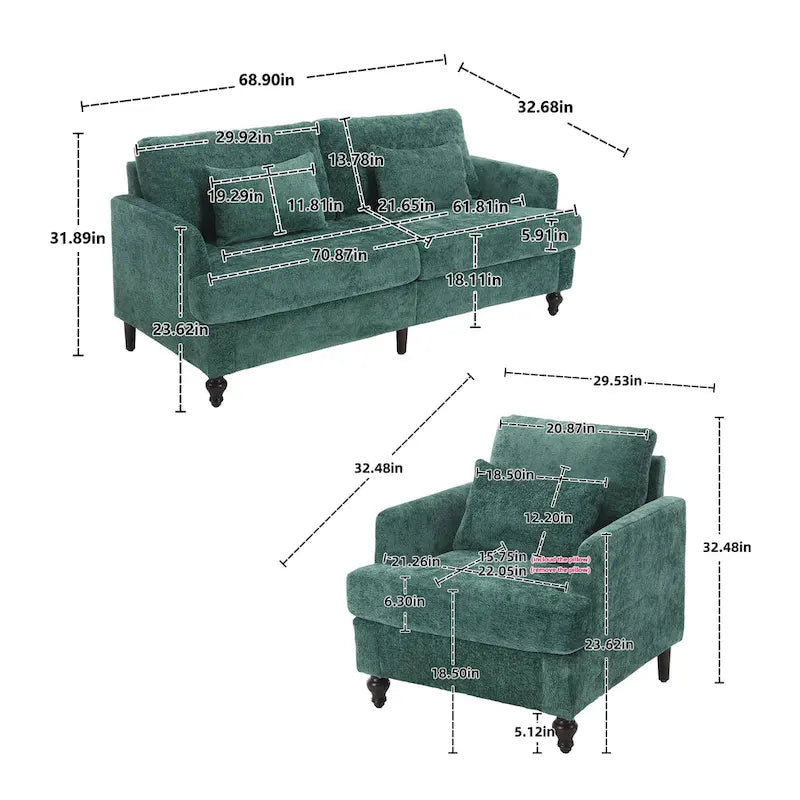 Chenille-Polster-Liebessitz mit Holzrahmen und Sessel für das Wohnzimmer