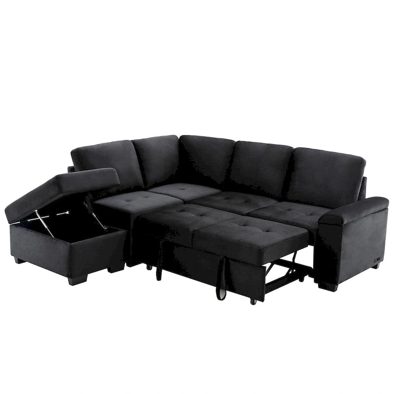 Samt Ecksofa mit Schlaffunktion und Stauraum-Ottomane, USB-Ladefunktion