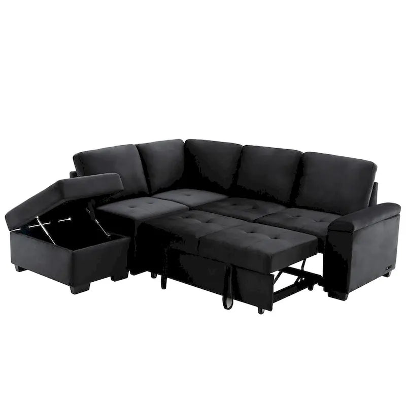 Velvet L-Shape Sleeper Sectional Sofa with Storage Ottoman, USB Charge