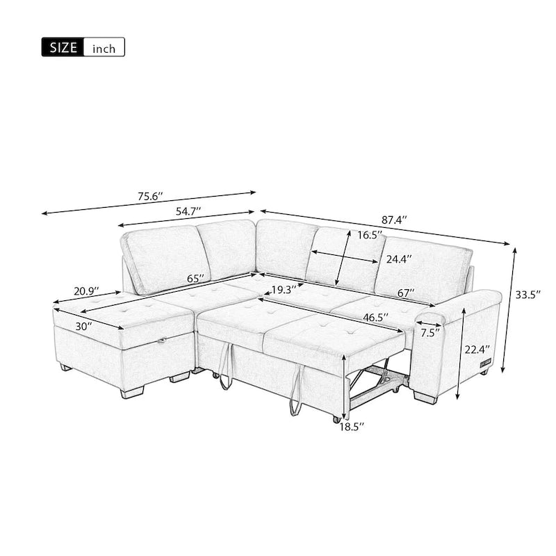 Samt Ecksofa mit Schlaffunktion und Stauraum-Ottomane, USB-Ladefunktion