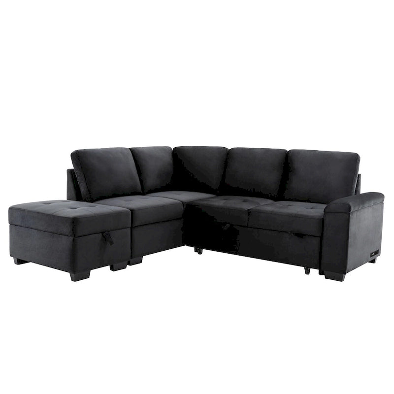 Samt Ecksofa mit Schlaffunktion und Stauraum-Ottomane, USB-Ladefunktion
