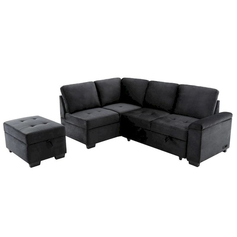 Samt Ecksofa mit Schlaffunktion und Stauraum-Ottomane, USB-Ladefunktion