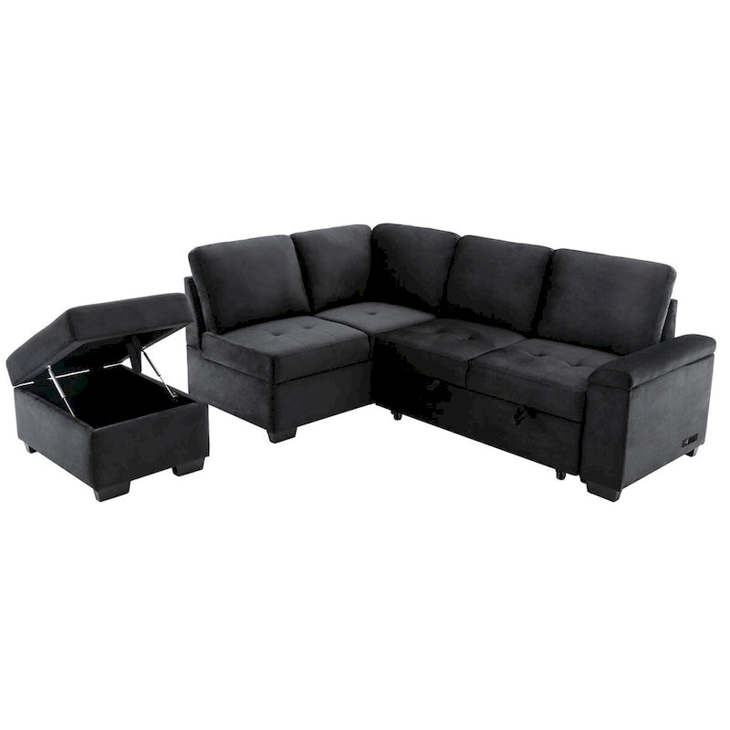 Samt Ecksofa mit Schlaffunktion und Stauraum-Ottomane, USB-Ladefunktion