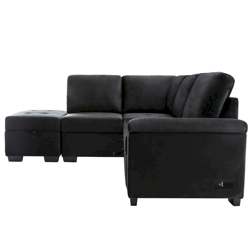 Samt Ecksofa mit Schlaffunktion und Stauraum-Ottomane, USB-Ladefunktion