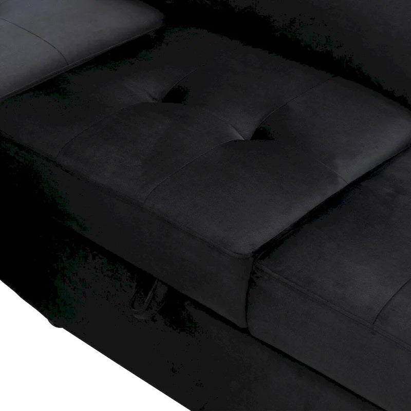 Samt Ecksofa mit Schlaffunktion und Stauraum-Ottomane, USB-Ladefunktion
