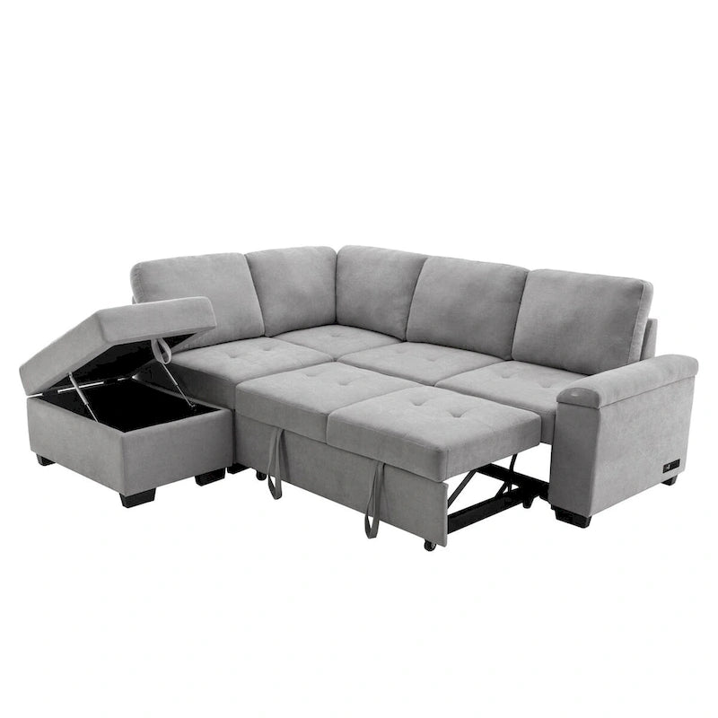 Samt Ecksofa mit Schlaffunktion und Stauraum-Ottomane, USB-Ladefunktion