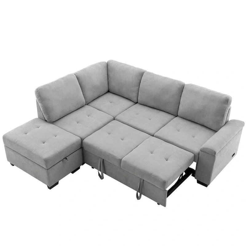 Samt Ecksofa mit Schlaffunktion und Stauraum-Ottomane, USB-Ladefunktion